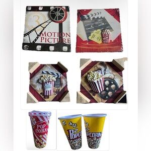 Movie Theater Decor Bundle 4 Wall Plaques + 4 Popcorn Cups